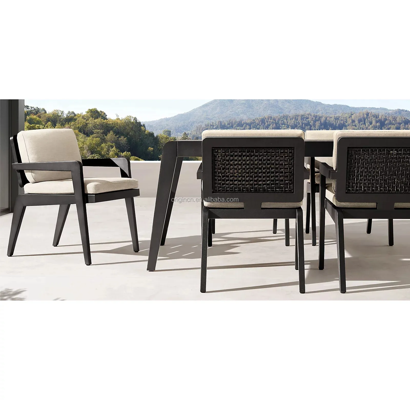 Mobilier de jardin moderne Ensemble de 8 fauteuils et chaises de table à manger en aluminium tissé par corde durable