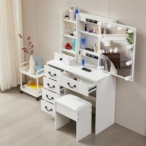 Juego <span class=keywords><strong>de</strong></span> maquillaje <span class=keywords><strong>de</strong></span> <span class=keywords><strong>tocador</strong></span> con espejo deslizante con luz, armario <span class=keywords><strong>de</strong></span> almacenamiento, cajones y taburete acolchado blanco - Product Image 5