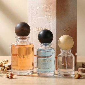 Aikun Round Glass Custom Logo <b>Gift</b> <b>Box</b> Perfume Set With Wooden Ball Cap For Wholesale Personal Fragrance Supply Chain Orders - Product Image 1