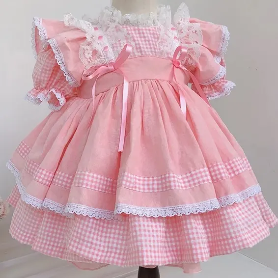 2023 New style summer baby girls dresses lace spanish pink ruffles lolita wholesale children's clothes ready made sweet clothes