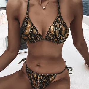 Biquíni feminino dourado brilhante, bandagem micro roupa de banho estilo brasileiro com estampa de cobra, maiô sexy para mulheres, 2021