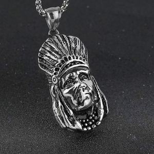 Pendentif pour homme en acier inoxydable, tête de chef indien vintage, pour motard, bijoux hip-hop dorés pour fêtes, symbole chrétien - Product Image 3