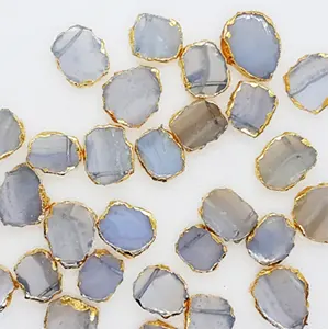 Natural Blue Lace Agate Gold Electro Plated Slices, Drilled Slices For Making Pendant Jewelry, Wholesale Gemstone Slices