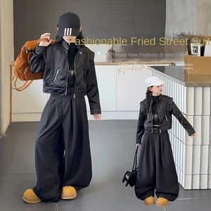 Completo Autunnale per Ragazze <span class=keywords><strong>in</strong></span> Ecopelle Tinta Unita con Maniche Lunghe, Stile Coreano Casual e Alla Moda, Set Due Pezzi - Product Image 2