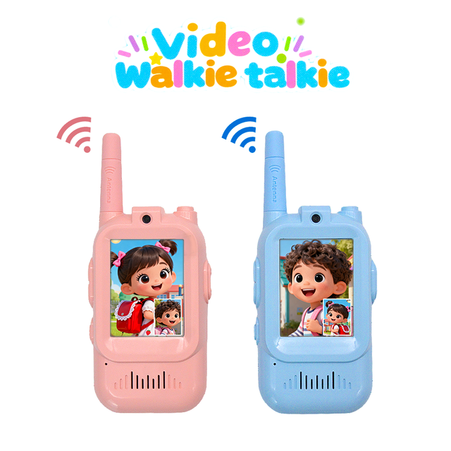 Long Range Kids Video Walkie Talkie 2 Pack Rechargeable Outdoor Handheld Auto Answer IPX-1 Water Resistant 13 Channels 0.5-3W