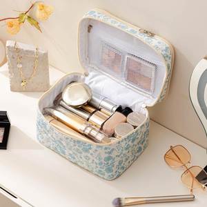Double Layer <b>Large</b> Cotton Quilted Makeup Pouch Soft Cosmetic Organizer with Handles - Product Image 5