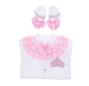 Nouveau-né Nouveau design 4 pièces barboteuses vêtements à manches longues coton enfants printemps vente en gros personnalisé or Blush couronné bébé ensemble - Product Image 5