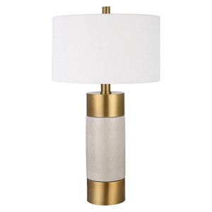 Blue Striped Tiered Ceramic Modern Table <b>Lamp</b> with White Linen Shade | Sleek Artisan Lighting for Hotel Guest Room & Living Area - Product Image 3