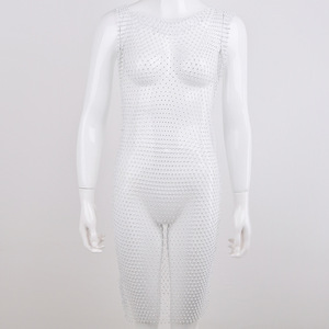 Vestido midi sin mangas con cuello redondo de malla para mujer, ropa de club con capas transparentes - Product Image 4