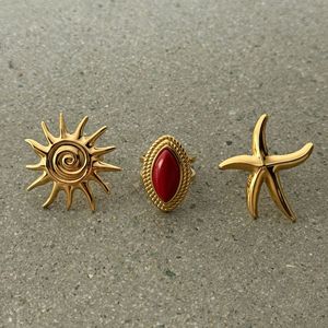 Yueli Sun Star Red Agate <b>Ring</b> <b>Set</b> Geometric <b>Gold</b> Tone Unisex Party Jewelry - Product Image 4