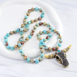 Moda estilo bohemio 8mm emperador piedra con cuentas largo anudado collar Rhinestone Bull Head colgante accesorios para occidental - Product Image 1