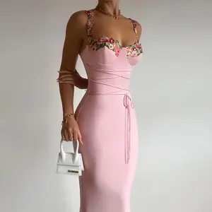 Hot Selling Pink Candy Solid Flower Embroidery Bodycon Long Maxi Slip Dress Women Lounge Wear Dresses