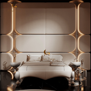 <b>LED</b> Decor Wall Soft Curved Frame Villa Bedroom Custom Premium Home Furnishing Set Luxury Designer Upholstered <b>Bed</b> - Product Image 1