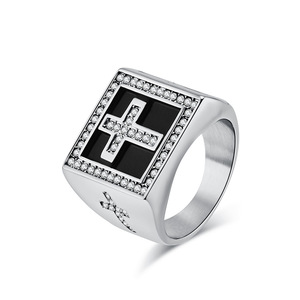 yunnique hip-hop square stamp, diamond-plated cross <b>titanium</b> steel <b>ring</b>, men's personalized niche jewelry. - Product Image 5