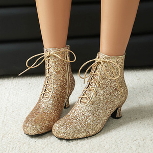 Botines con lentejuelas brillantes, con cordones delanteros y tacón bajo, zapatos de vestir para espectáculos y fiestas de Año Nuevo, botas sexys para mujer - Product Image 5