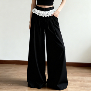 Pantalon de costume large noir pour femme avec taille haute à volants en dentelle blanche, coupe ample, décontracté, longueur au sol - Product Image 2