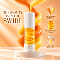 Lotion corporelle double tourbillon à marque privée avec texture bicolore orange-jaune visible, emballage moderne et soin hydratant lissant