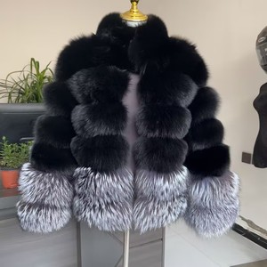 Manteau d'hiver pour femme en fourrure de <span class=keywords><strong>renard</strong></span> naturelle et de <span class=keywords><strong>renard</strong></span> <span class=keywords><strong>argenté</strong></span>, style col montant, fabriqué par mélange de fourrures - Product Image 1