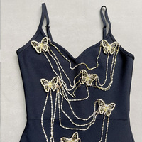 Robe de soirée en cachemire à bretelles spaghetti, coupe crayon, longueur midi, séchage rapide, avec chaîne de diamants et motif papillon doré, pour la vente en ligne
