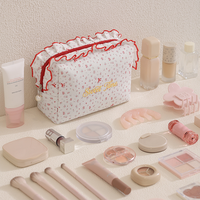 Pochette cosmétique en coton à doublure à carreaux, trousse de maquillage florale, pochette à fermeture éclair à volants, trousse de toilette en dentelle de feuille de lotus, trousse de maquillage pour filles