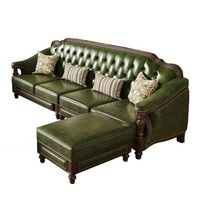 Minis Juego de Sofás Americanos Retro de Madera Maciza con Capa Superior de Cuero Vacuno Verde Oscuro, Relleno de Esponja, Forma Lineal para Sala de Estar