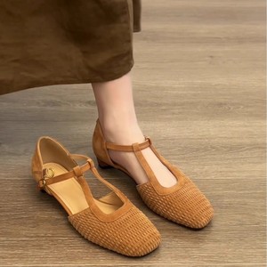 Retro Woven Mary Jane Flats Brown <b>Closed</b> <b>Toe</b> Chunky <b>Heel</b> Breathable Summer Wear Women's Shoes - Product Image 1