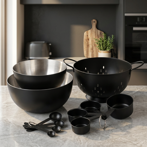 Black <b>Stainless</b> <b>Steel</b> <b>Colander</b> Strainer Enamel Finish Dual Handle Draining Bowl Kitchen Prep Set - Product Image 1