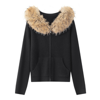 Cardigan à capuche zippé 100 % laine pour femme avec col en fausse fourrure, manches longues, tricot côtelé, veste d'extérieur, fabricant OEM