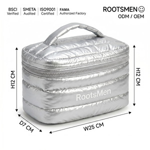 Rootsmen Custom Silver Thick Quilted PVC Waterproof Soft Lightweight Puffy Travel <b>Makeup</b> Bag Zipper Storage Women Fashion Large - Product Image 1