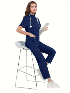 Tenue médicale unisexe décontractée d'été en jean, col montant, <span class=keywords><strong>couleur</strong></span> unie, multi-poches, uniforme d'<span class=keywords><strong>hôpital</strong></span> élégant - Product Image 5
