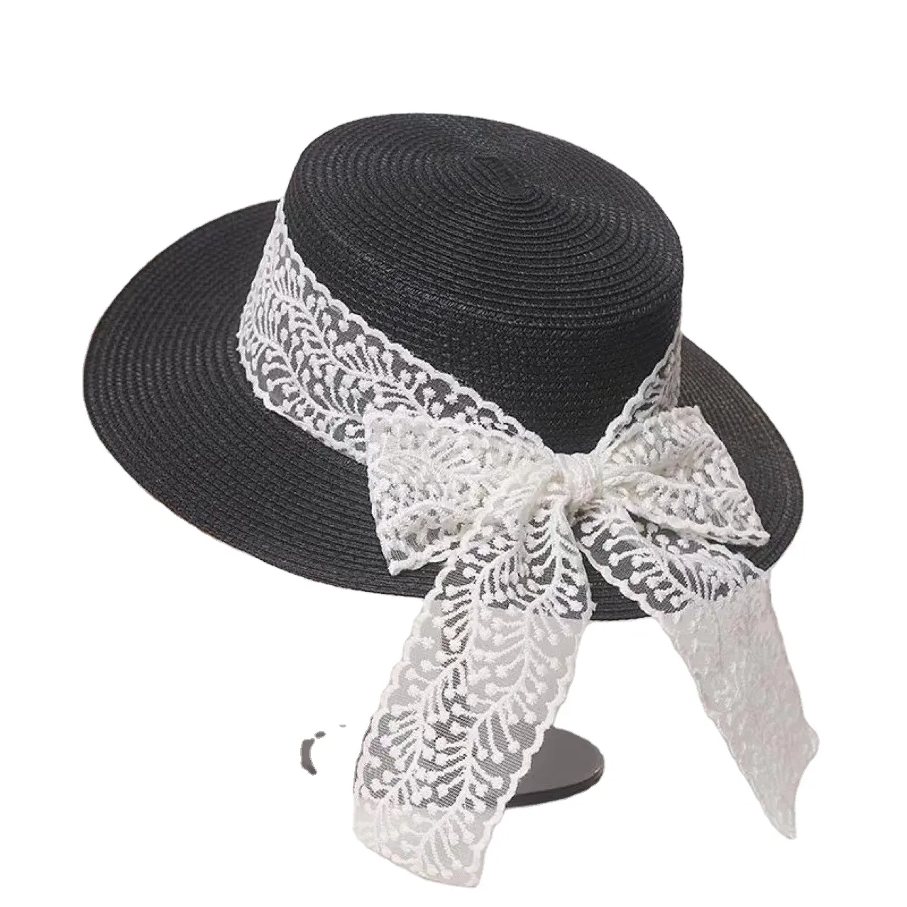 Topi pantai tepi besar untuk wanita, topi jerami Prancis renda pinggiran atas datar, topi tabir surya luar ruangan, topi Atasan Wanita musim panas