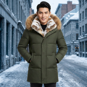 Men's Long Down Puffer Jacket With Fur Hood Windproof <b>Winter</b> <b>Coat</b> Casual Olive Green <b>Thick</b> Warm Outerwear - Product Image 3