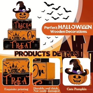 Bloques <span class=keywords><strong>de</strong></span> madera apilables decorativos <span class=keywords><strong>de</strong></span> Halloween para 'Trick or Treat', con diseño <span class=keywords><strong>de</strong></span> calabaza y sombrero <span class=keywords><strong>de</strong></span> <span class=keywords><strong>bruja</strong></span>, adorno <span class=keywords><strong>de</strong></span> mesa, bandeja escalonada estilo rústico para fiestas en casa - Product Image 2