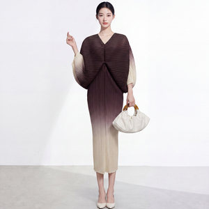 Robe trapèze en mousseline de soie à col et manches bouffantes pour femme, longueur genou, grande taille, dégradé de couleurs, classique, décontractée, taille naturelle, printemps, ODM - Product Image 2