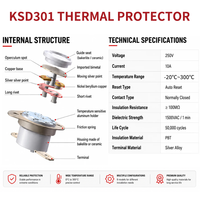 HCET KSD301 250V 10A 16A Disjoncteur thermique à disque bimétallique, thermostat de contrôle de température normalement fermé