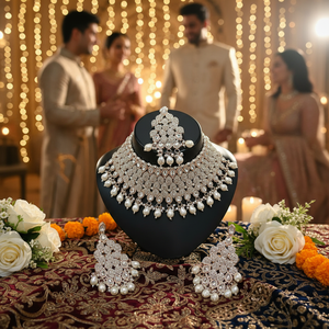 Parure de bijoux de mariée en laiton plaqué or et zircon, collier ras-du-cou, boucles d'oreilles pendantes, tikka, haute qualité, cadeau de fête et de mariage, bijoux ethniques - Product Image 3