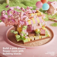 NOUVEAU Matériau ABS pour Blocs de Construction Architecturaux Street View, Boutique de Fleurs, Maison Arbre aux Fleurs de Cerisier, Décoration de Bureau