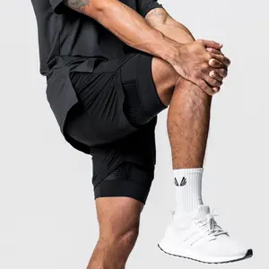 Shorts de forro para homens, bermuda de forro com zíper de 7 polegadas, camada dupla, respirável, esticável, treinamento, esportes, casual, secagem rápida, academia