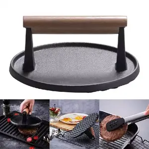 Custom Size Meat Steak Burger Press Rectangle Round Heavy Duty Cast Iron Griddle Bacon Press With Wood Handle