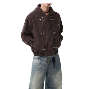 Neue Trendige Marke Amerikanische Retro Heavyweight Washed Distressed Denim-Jacke mit Flugzeugknöpfen, Überzieher und Motorrad-Stil - Product Image 3