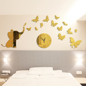 Del fumetto Vitello Elefante E <span class=keywords><strong>Farfalle</strong></span> <span class=keywords><strong>Specchio</strong></span> Orologio Da Parete Sticker Creativo Camera Da Letto Carta Da Parati Per Bambini Decalcomania della Parete Della Stanza del capretto - Product Image 1