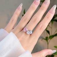 Nouvel ensemble de bagues en forme de goutte d'amour à double pierre en zircon rose contrastant, serties de diamants à haute teneur en carbone, bijoux ouverts