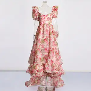 French Royal Style 2024 Summer New Square Collar Sling Oversized Skirt Trailing Fruit Printed Women's Dress