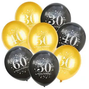 黑金快乐30日40日50日60岁生日印花氦气乳胶气球成人生日周年派对用品装饰