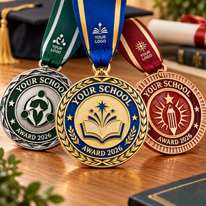 Customization of school and children achievement medals - school name year and printed ribbon - supports bulk ordering OEM ODM - Product Image 1