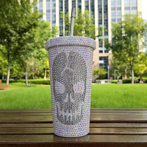 การออกแบบใหม่Bling Rhinestoneคริสตัลโครงกระดูกผีหน้าแก้วRhinestone Tumblerพร้อมฟางRhinestoneถ้วย - Product Image 4