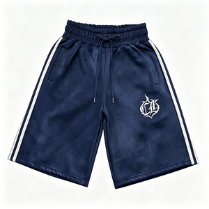 Pantaloncini da <span class=keywords><strong>uomo</strong></span> <span class=keywords><strong>blu</strong></span> <span class=keywords><strong>navy</strong></span> effetto strappato con doppie strisce bianche e toppa con monogramma, pantaloncini casual streetwear da <span class=keywords><strong>uomo</strong></span> alla moda - Product Image 3