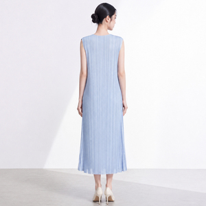 Fashion Women's Eco-Friendly Pleated Tassel Solid Ruched Natural Waist Short Sleeve Asymmetric Elegant Casual Vintage Midi <b>Dress</b> - Product Image 5