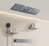 Robinet thermostatique monocommande contemporain en laiton brossé pour salle de bain, avec jet de pluie doux et fonction pause, en céramique dorée, à montage mural