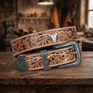 Durable Hand Carving & Painting Tan Brown Men's Fashion Western Leather <b>Tooling</b> <b>Belt</b> With Antique Silver Floral Buckle & Loop - Product Image 1